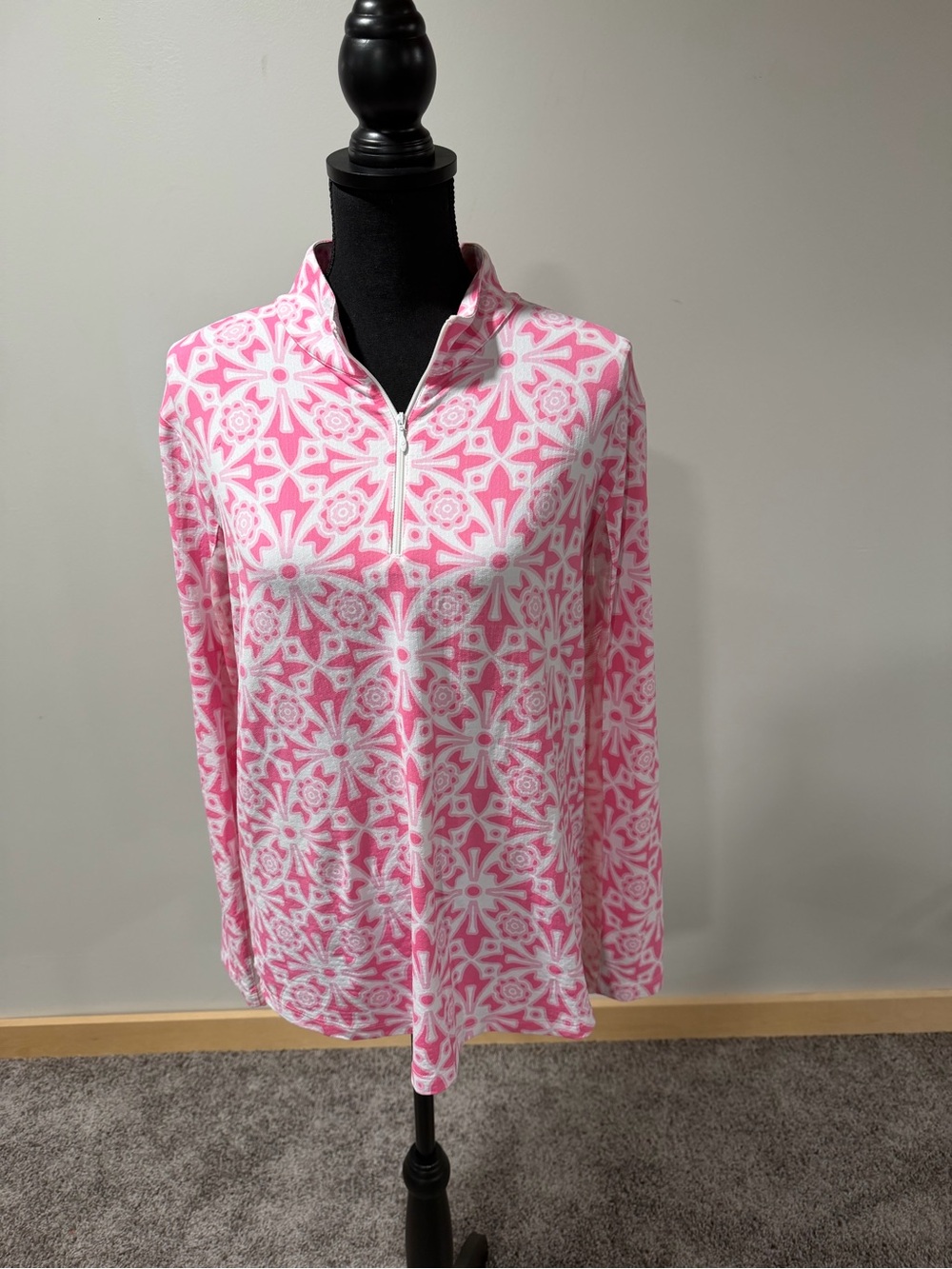 IBKUL XL Pink Coral Geometric UPF 50 Quarter Zip Golf Top
